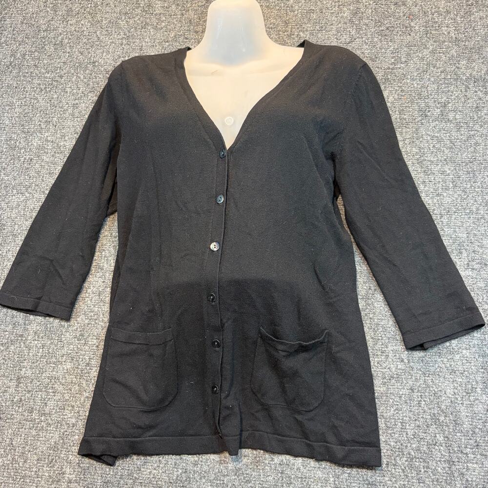 Chicos Black Button Front Cardigan Sweater Size 2 Medium 3/4 Sleeve Lightweight